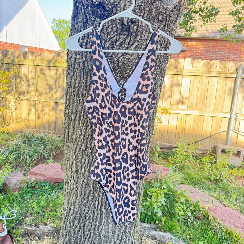 Leopard Print Lace Up Cut Out One Piece Swimsuit Brown Animal‎ Print Size 0XL